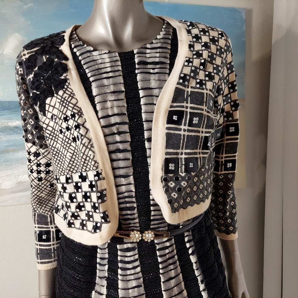 □$4,800 OSCAR DE LA RENTA BLACK WHITE SILK BEAD ESTABL RUNWAY DRESS US 2, 10, 12 - Picture 10 of 12